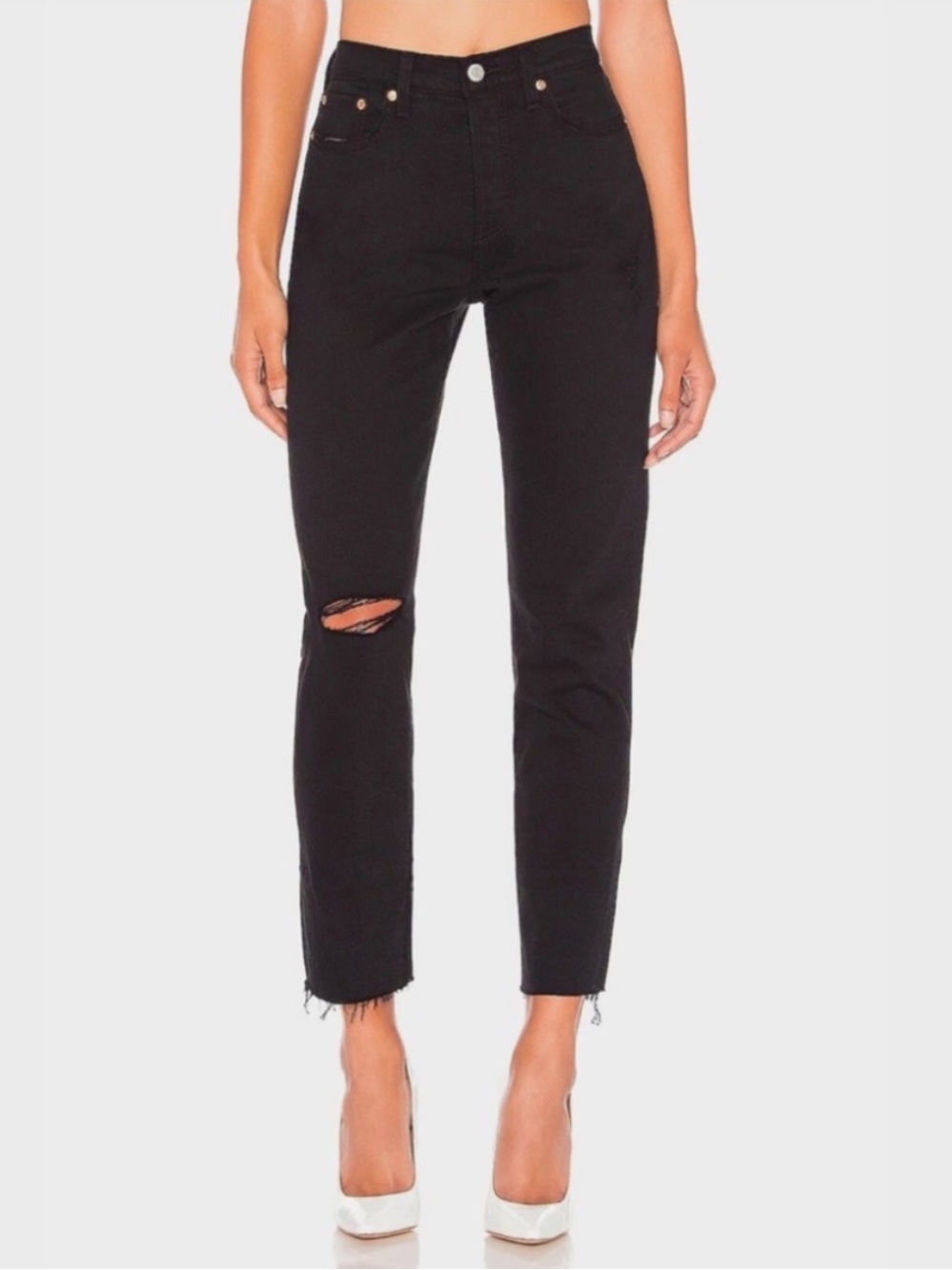 Levi’s Wedgie Icon Jeans Black Desert High Rise Distressed Raw Hem Denim Size 27